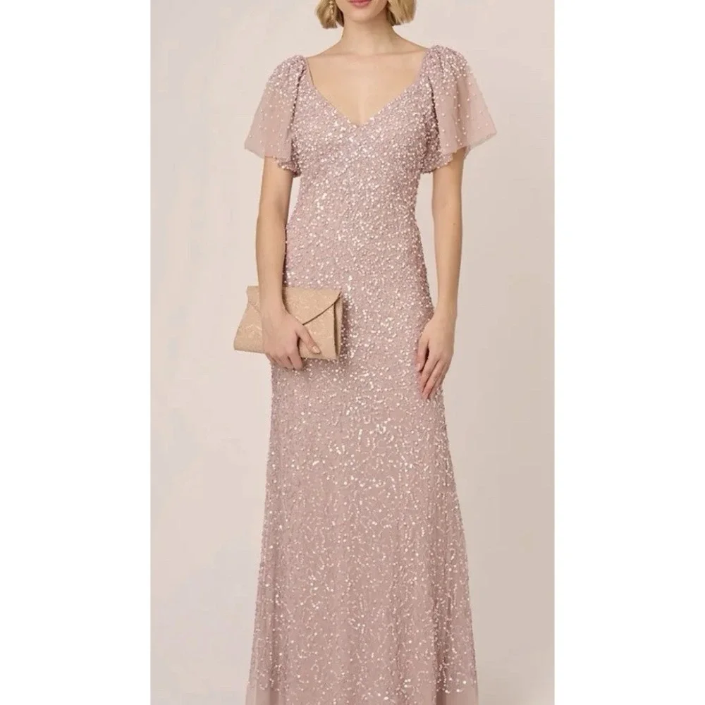 ADRIANNA PAPELL Pink Beaded Mesh Maxi Dress Size 6 Maxi
